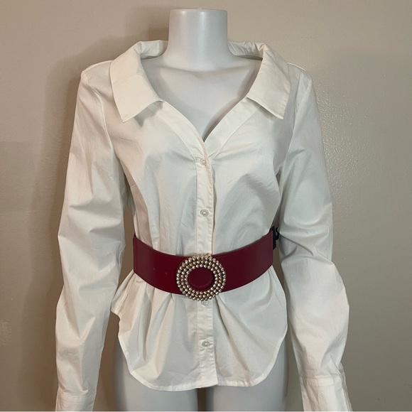 Burgundy PU leather circle buckle w/ rhinestones details elastic waistband belt - Picture 2 of 8